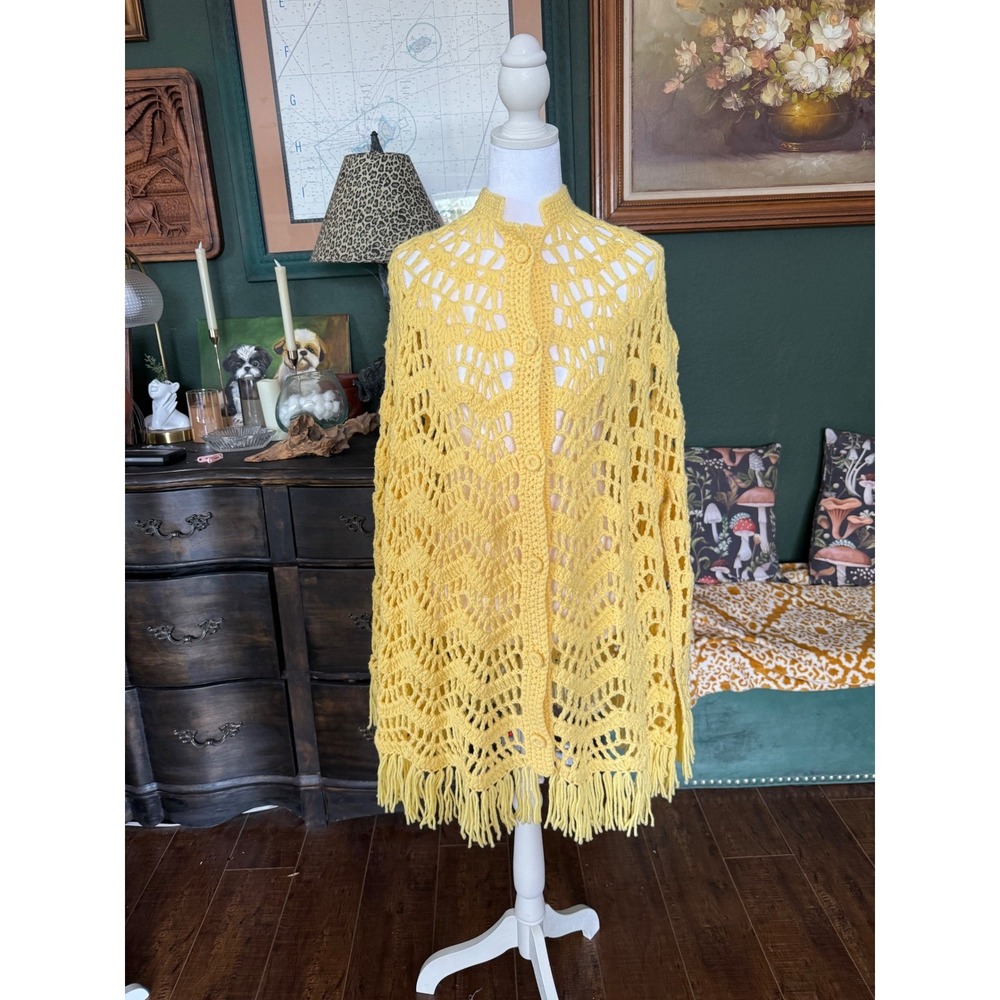 Crochet Poncho Yellow Button Front Fringe Cape poncho‎  Wrap One Size